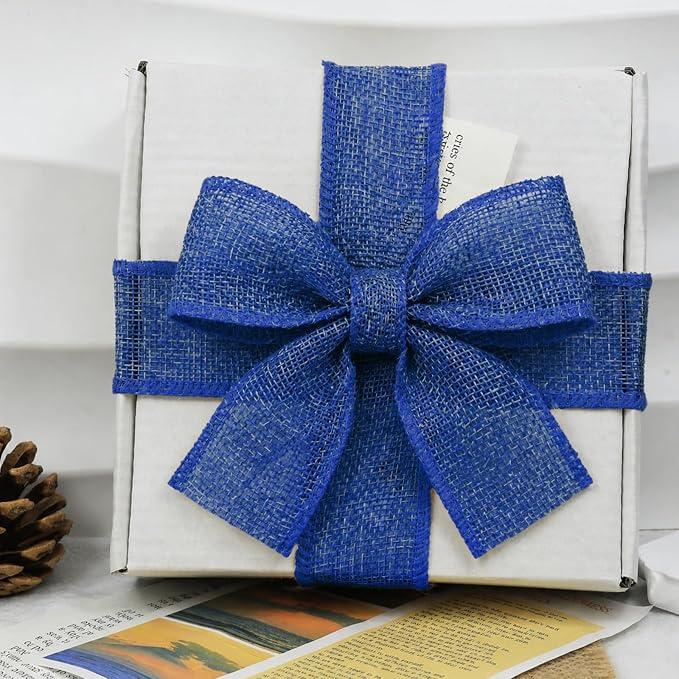 Blue Burlap Ribbon 1-1/2 inch X 10 Yard Blue Linen Wired Ribbon | Natural Linen - Image 5