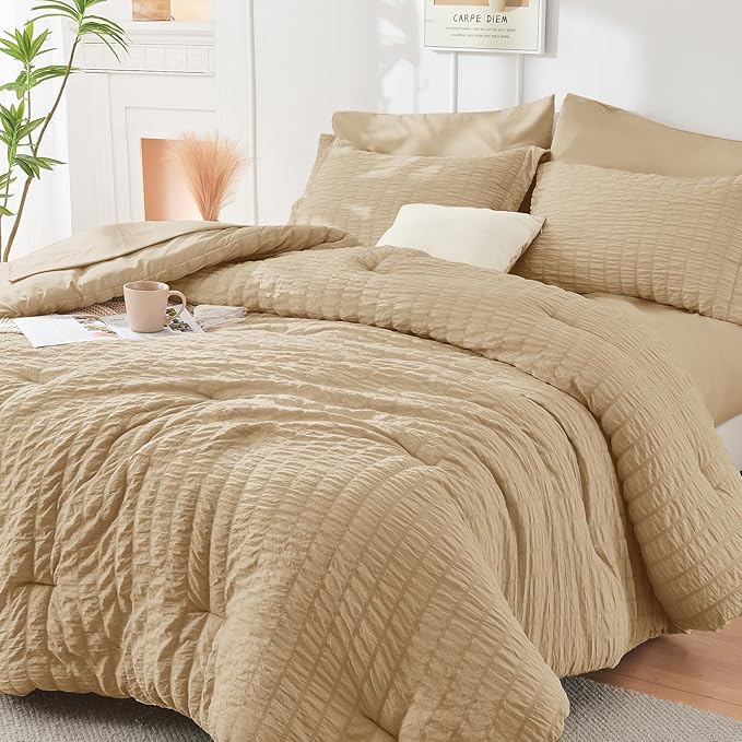 HYMOKEGE Khaki California King Comforter Set Seersucker 7 Pieces, All Season by HYMOKEGE