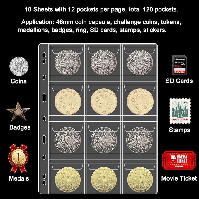 12 Pocket Coin Pages for Collectors, 10 Sheets Coins Sleeves Coin Holders Stamp - Image 2