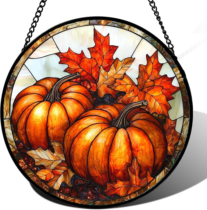 DASTOLL Stained Glass Window Hanging, Pumpkin Maple Leaf Suncatcher by DASTOLL