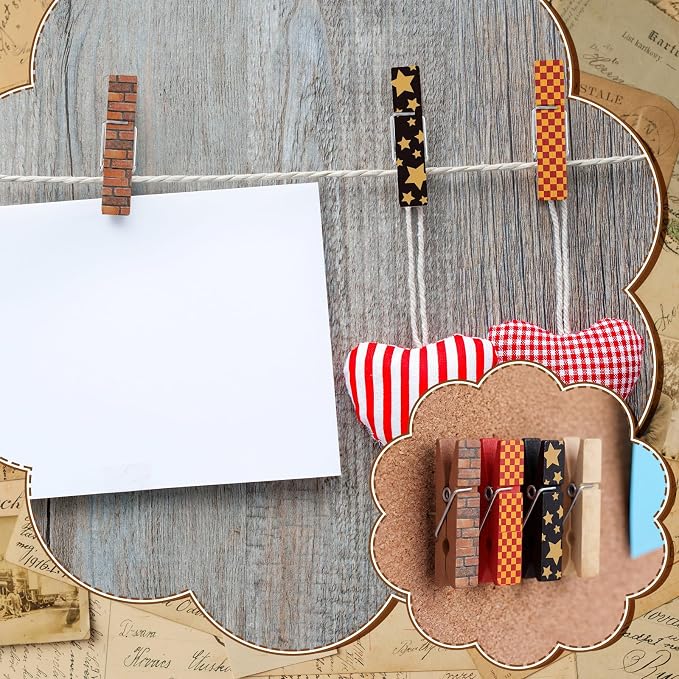 LemonRoad 60 Pcs Push Pin with Wooden Clips Teacher Cork Board Artworks - Image 3