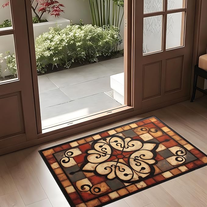 Vintage Tile Faux Cashmere Non-Slip Rug 15.7x23.6 Inches, Washable Low Pile - Image 2
