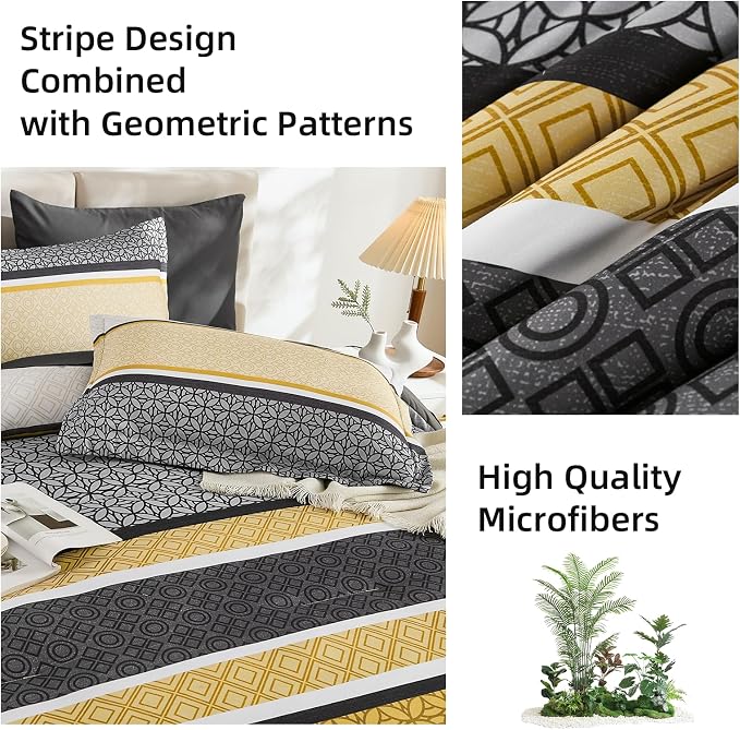 WONGS BEDDING Yellow Grey King Comforter Set 7 Pieces, Boho Striped Bed in a - Image 7