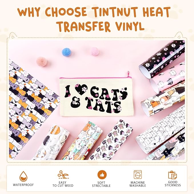 Tintnut Cute Cat & Paw Heat Transfer Vinyl, easy cut & weed, stretch washable - Image 3