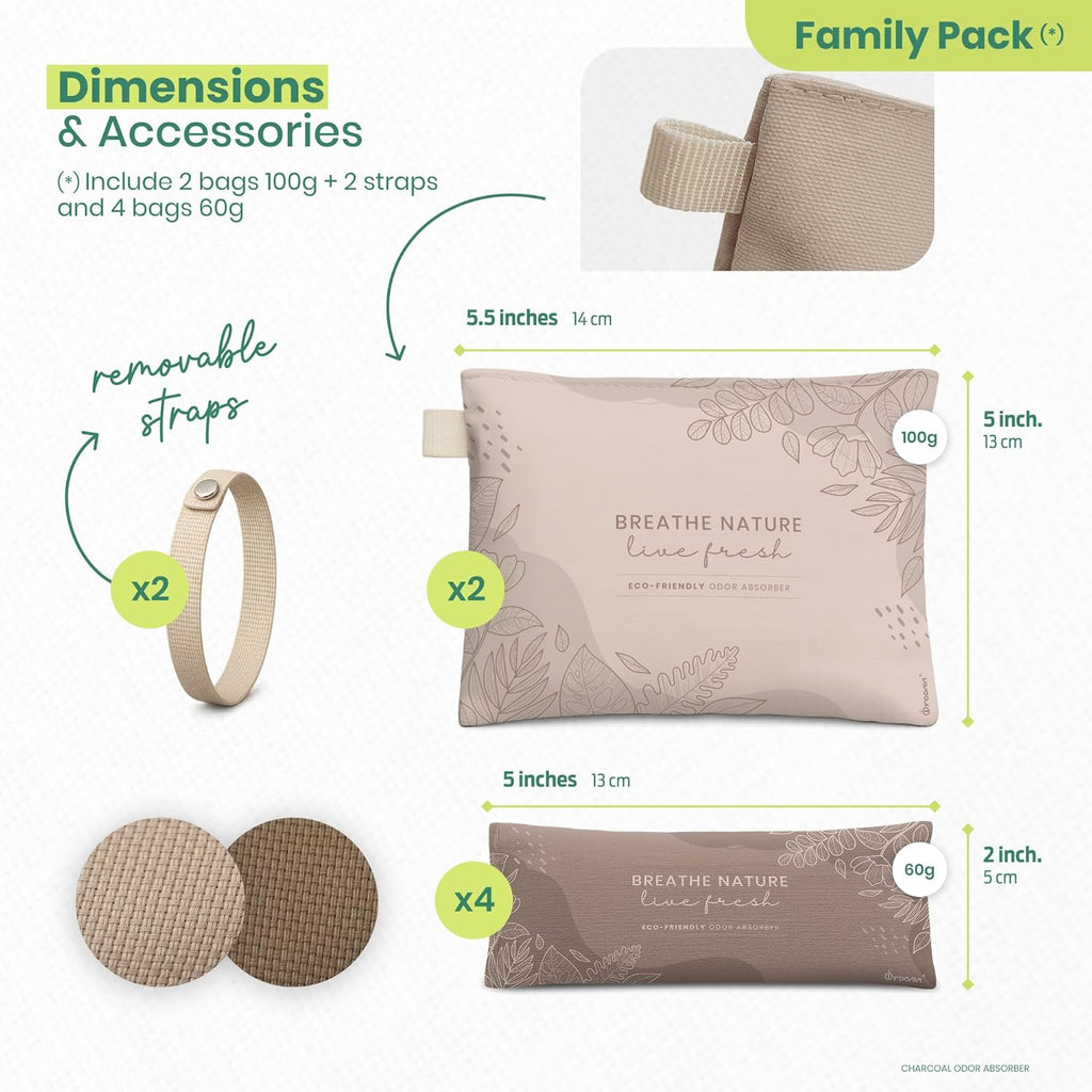 Roonin Activated Charcoal Odor Absorber - Bamboo Charcoal Air Purifying Bag - Activated Charcoal Bags Odor Absorber Packets - Home Deodorizer Odor Eliminator (6-pack)