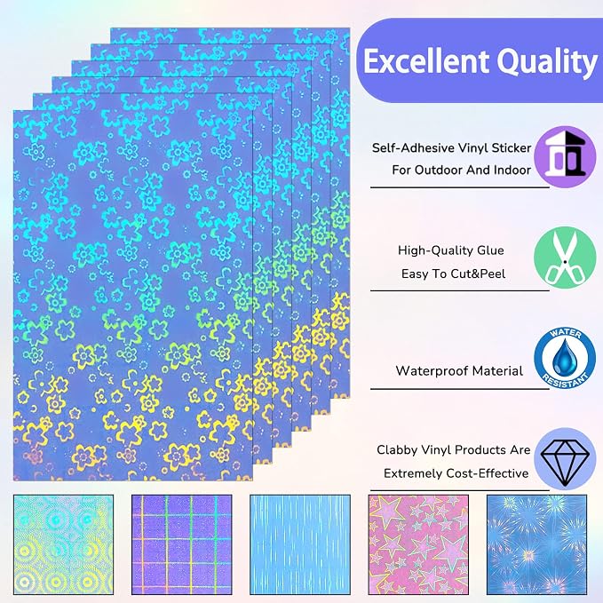 Clabby 36 Sheets Holographic Sticker Paper A4 Vinyl Holographic Laminate Sheets - Image 3