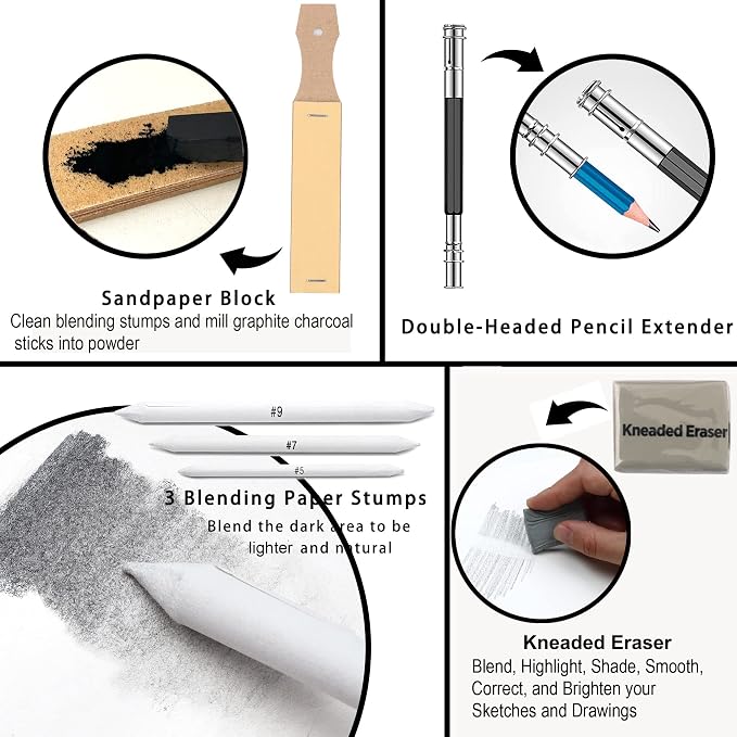 KALOUR 33 Pro Drawing Kit Sketching Pencils Set, Portable Zippered Travel - Image 4