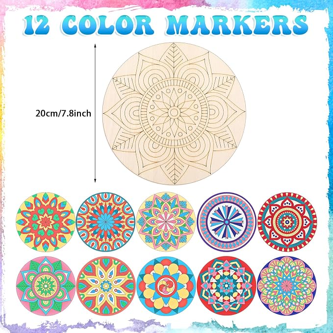 Vercraft 22 Pcs Wooden Mandala Painting Set 10 Mandala Unfinished Wood Cutouts - Image 2
