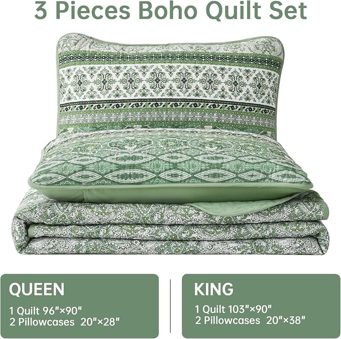 WONGS BEDDING Boho Queen Quilt Set, Light Green Bohemian Quilt Bedding Set - Image 7