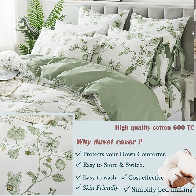 FADFAY Green Duvet Cover Set Full Floral Bedding 100% Cotton Shabby Vintage - Image 5