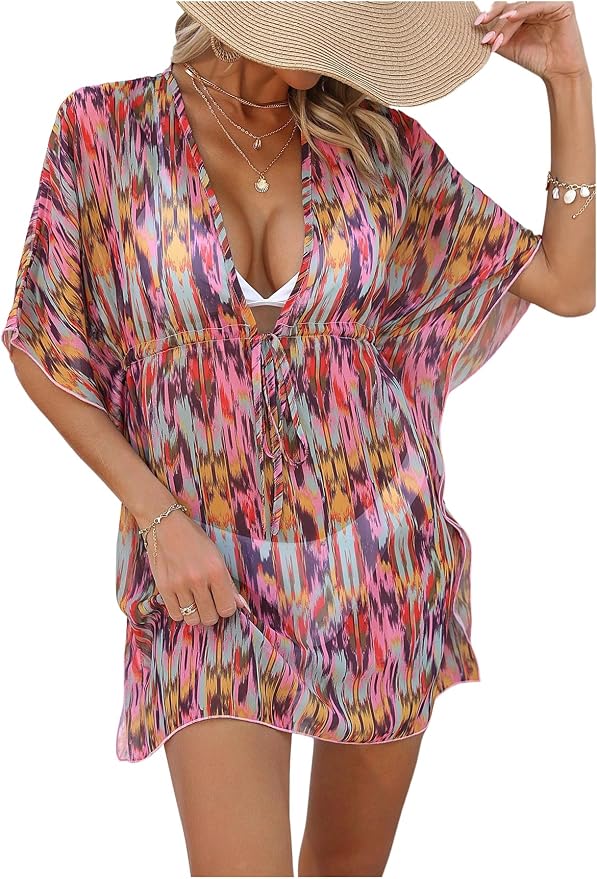 WDIRARA Women's Tie Dye Sheer Boho Chiffon Cover Up Tie Waist Beach Dress Deep by WDIRARA