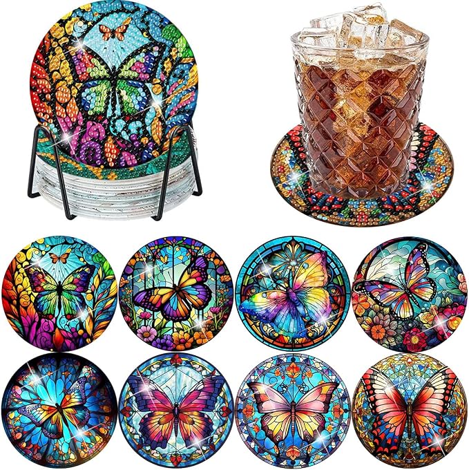Axquilon 8 Pack Butterfly Diamond Art Coasters Kit by Axquilon