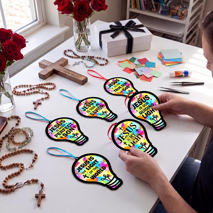 48PCS Sunday School VBS Crafts Bulk: Paper Lightbulb Cross Nativity Suncatchers - Image 7