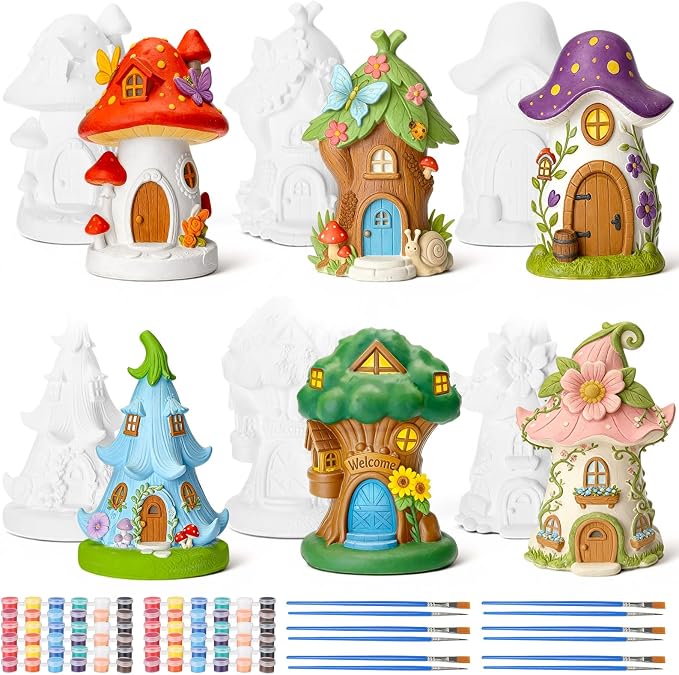 Thyle 6 Set 5 Inch Ceramic Fairy House to Paint Fairy Garden House Craft Kit by Thyle