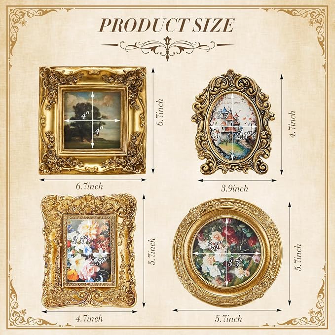 Qunclay Vintage Mini Picture Frames Set of 4, Round Rectangle Ornate Small - Image 2