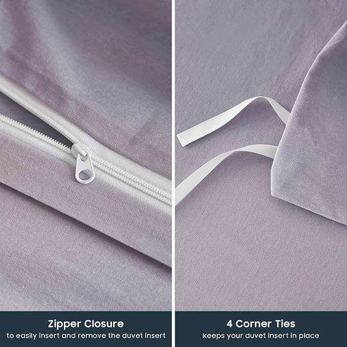 Wake In Cloud - Cotton Duvet Cover Set, Twin Size, Light Purple, 100% Washed - Image 7