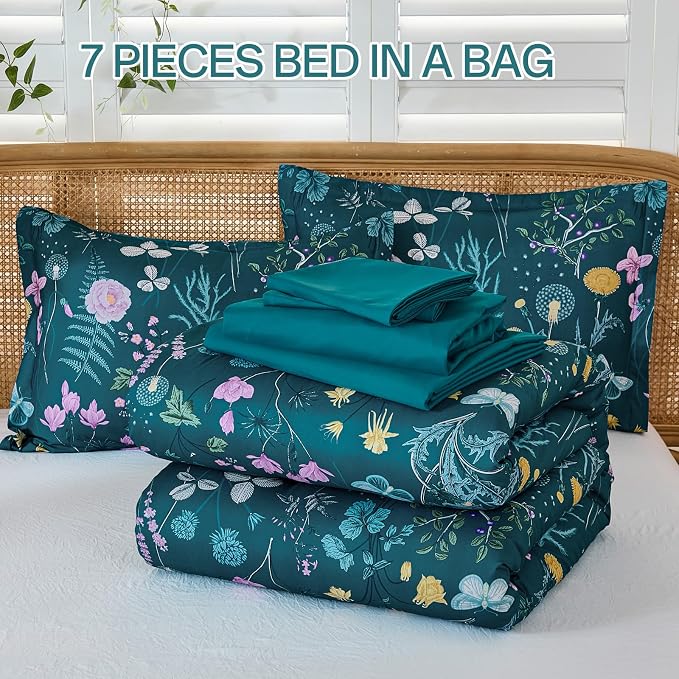 Yiran Teal Blue Comforter Set Queen Size, 7 Piece Floral Botanical Comforter - Image 8