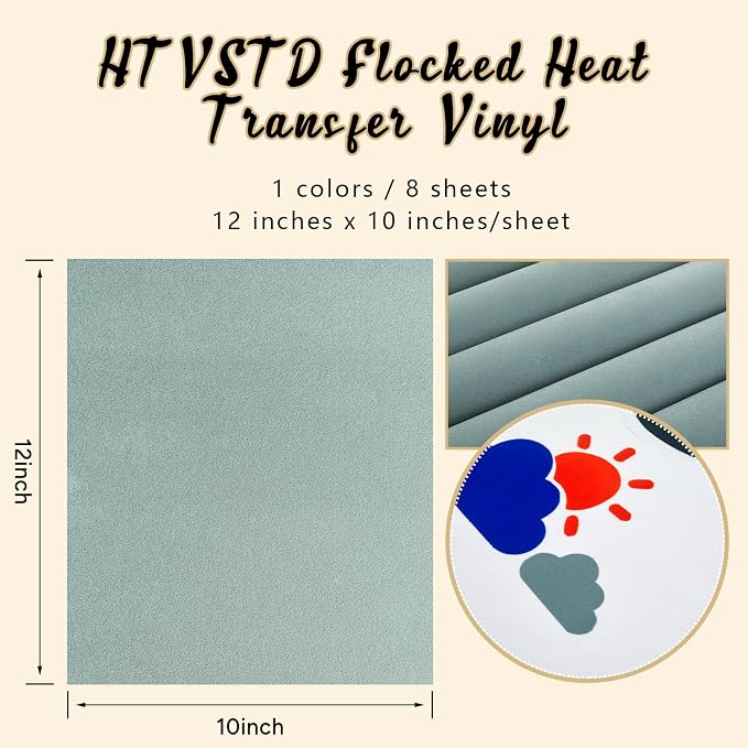 HTVSTD Grey Flock HTV Heat Transfer Vinyl 8 Sheets 12×10in Iron on Vinyl | - Image 2
