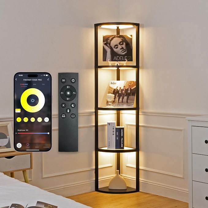 FENLO Corner Floor Lamp with Shelves, Dimmable LED Corner Shelf with Lights by FENLO