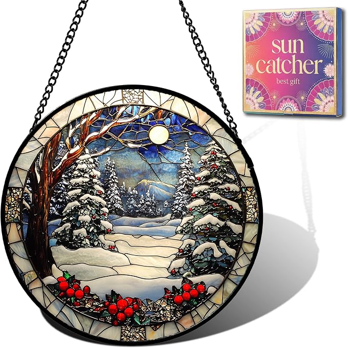 Cedar Snowscape Acrylic Suncatcher Faux Stained Glass Window Hanging 9.8" | by Unknown