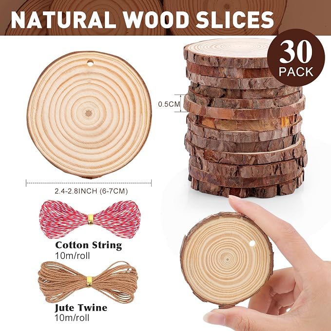30 Pack Wood Slices for Crafts, 2.4-2.8In Unfinished Natural Wood Rounds - Image 3