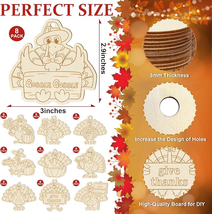 80PCS Wooden Thanksgiving Decoration Turkey Ornaments to Paint Thanksgiving - Image 2