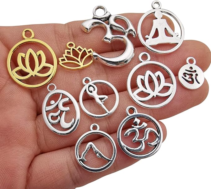 100g Craft Supplies Antique Silver Yoga OM Lotus Flower Charms - Image 3