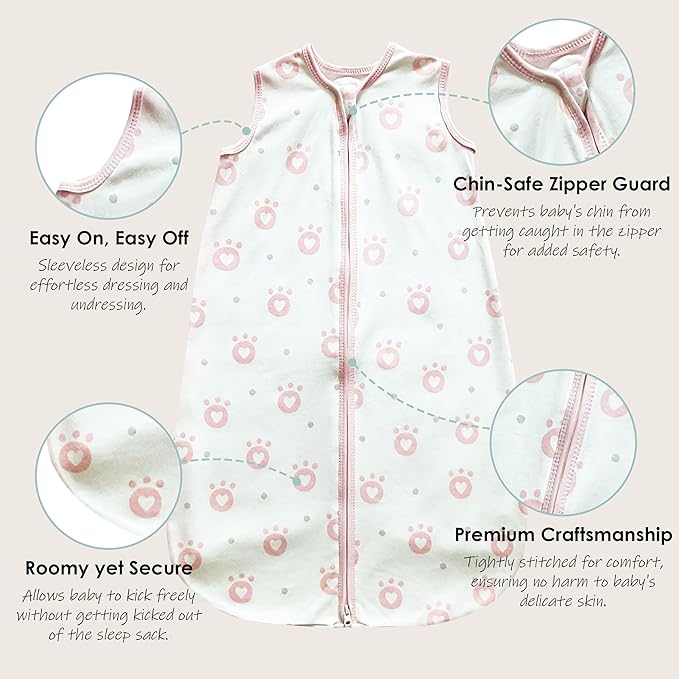 Cute Castle Baby Sleep Sack 12-18 Months - Lightweight 100% Cotton 2-Way Zipper TOG 0.5 Infant Wearable Blanket, Newborn Essentials Toddler Sleep Clothes, 3 Pack(Pink, Bear, Bear Claw)