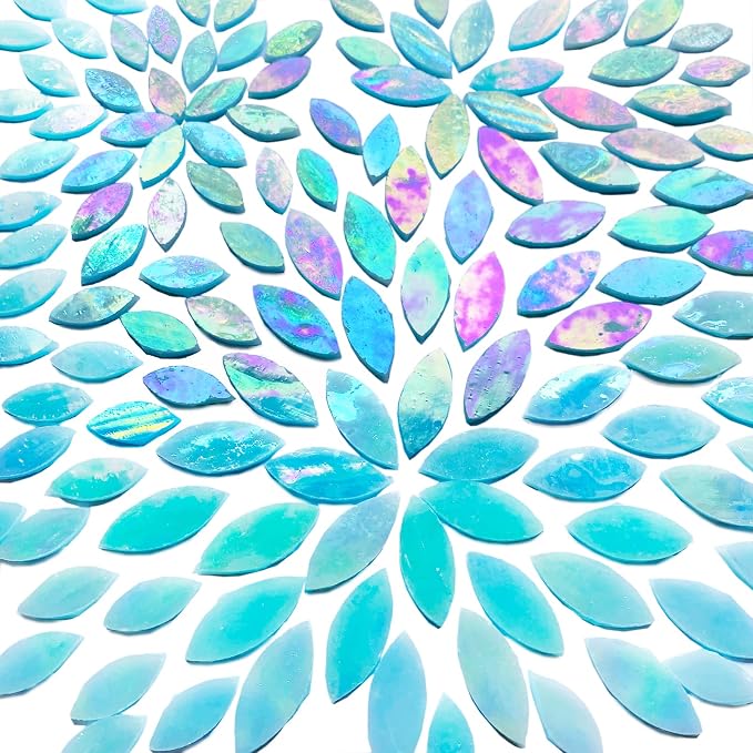 120 Pcs Iridescent Aqua Mosaic Tiles, Hand Cut Stained Glass Petals, Floral - Image 2
