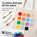 15 Dual Tip Fabric Marker Kit, Permanent Fabric Paint Markers | No-Bleed Fabric - Image 4
