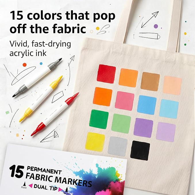 15 Dual Tip Fabric Marker Kit, Permanent Fabric Paint Markers | No-Bleed Fabric - Image 4