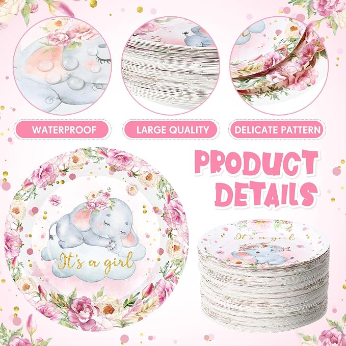 Funnymoom 7 Inch Pink Elephant Baby Shower Paper Plates 60 Pcs It's a Girl - Image 3