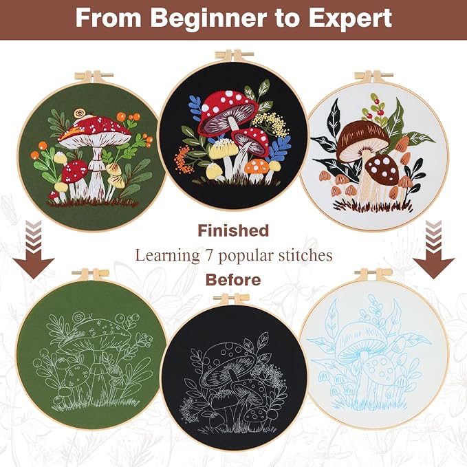 RidaaFri Embroidery Kit for Beginners, 3 Pk Stamped Mushroom DIY Craft Supplies - Image 2