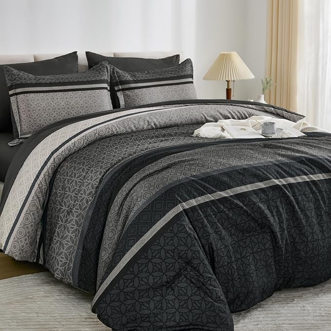 WONGS BEDDING 7 Pieces Comforter Set King Size, Dark Grey Black Striped Bed in - Image 3