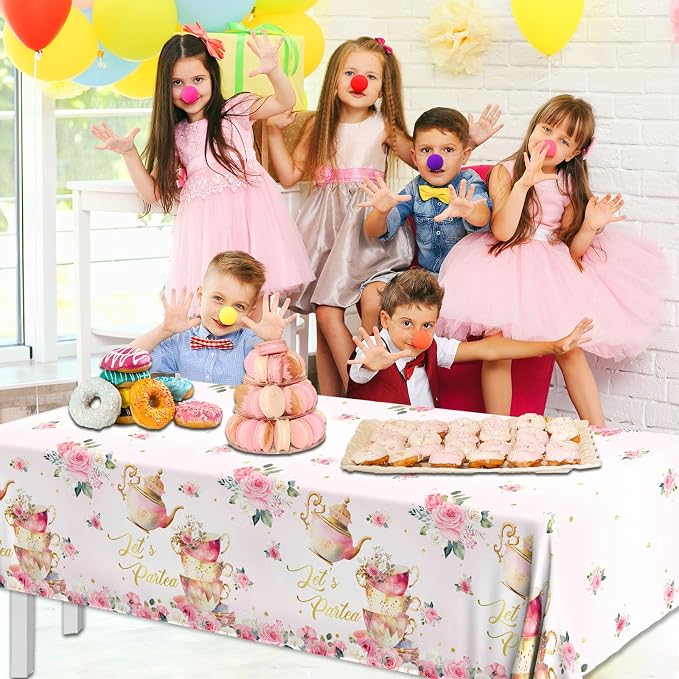 Pink Floral Tea Party Tablecloth, Girls Tea Party Birthday Supplies 3pcs Let's - Image 3