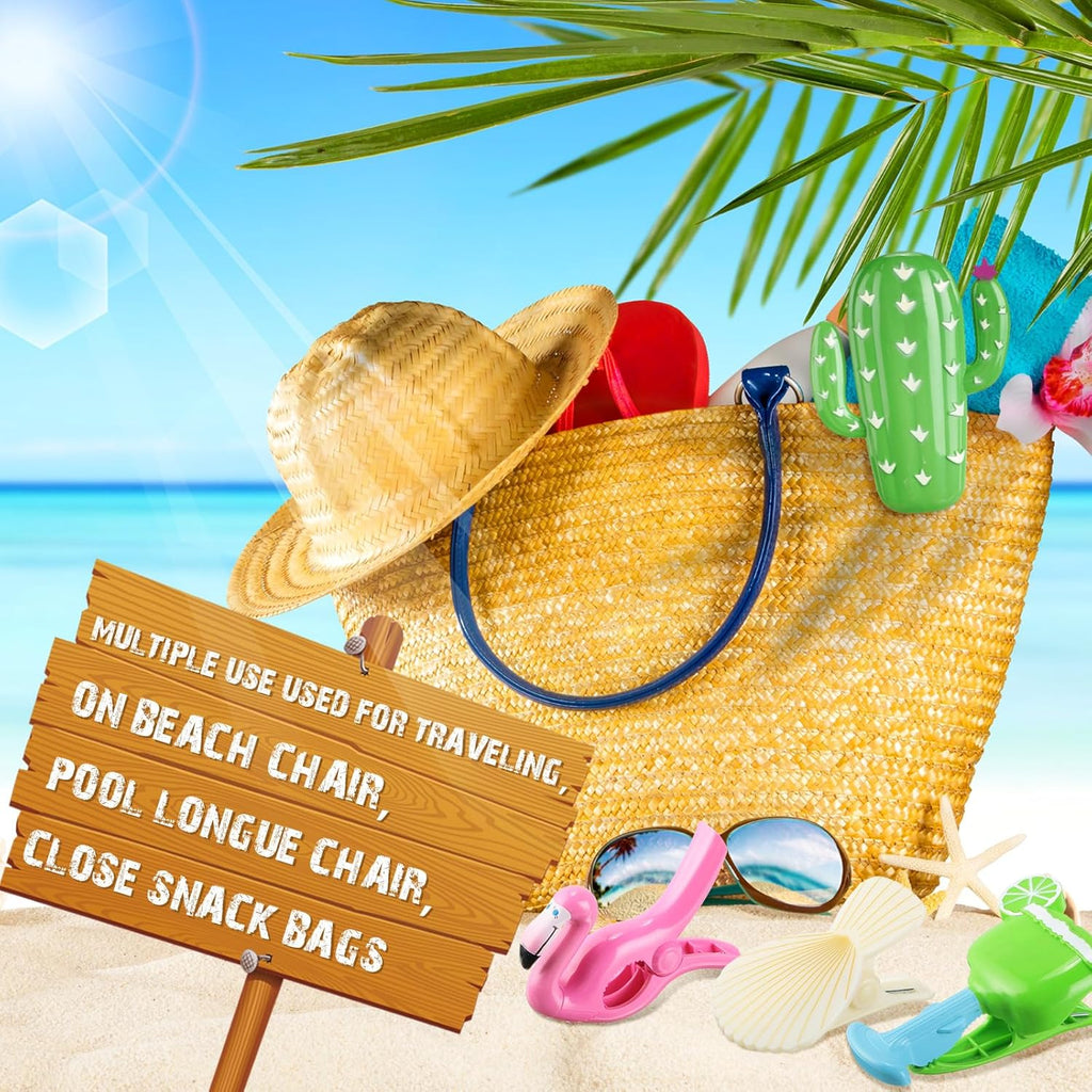 Rtteri 16 Pcs Beach Towel Clips for Beach Chairs Cute Towel Holder Cruise Clothes Pins for Lounge Chair Patio Pool, Assorted Style(Vivid)