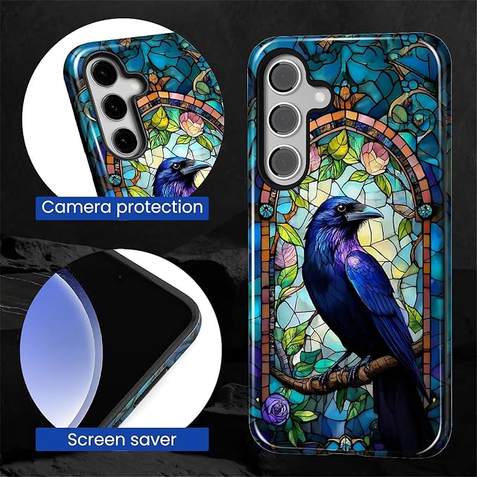 for Samsung Galaxy S25 Case, Crow Faux Stained Glass Pattern Glossy 2 in 1 - Image 6