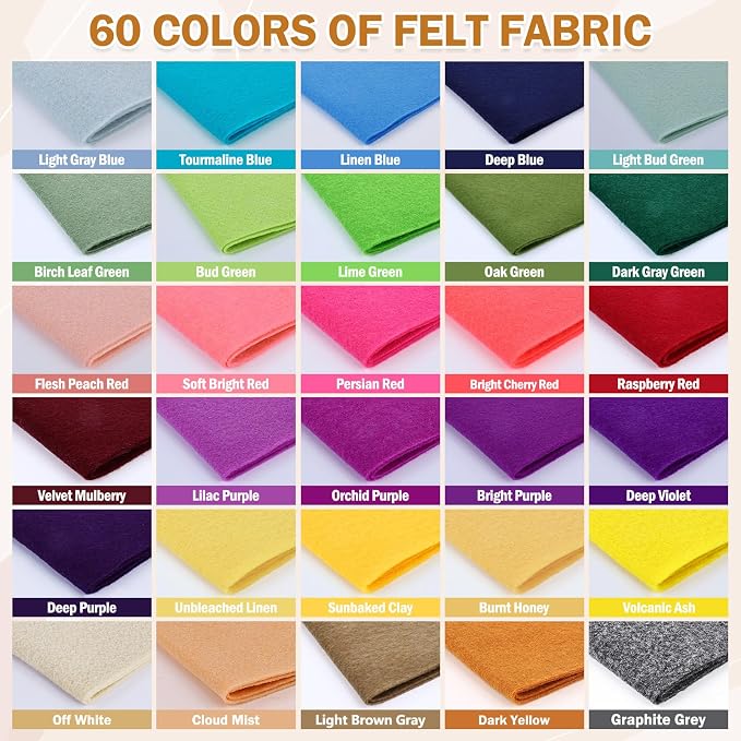 XSEINO 60PCS 8" x 12" 1.4 mm Thick Soft Felt Sheets, 60 Assorted Multicolour - Image 4
