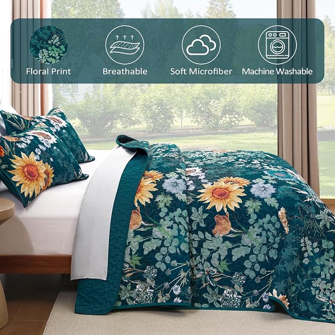 Yiran Peacock Green King Size Quilt, Sunflower Floral Bedspreads Bedding Set - Image 6