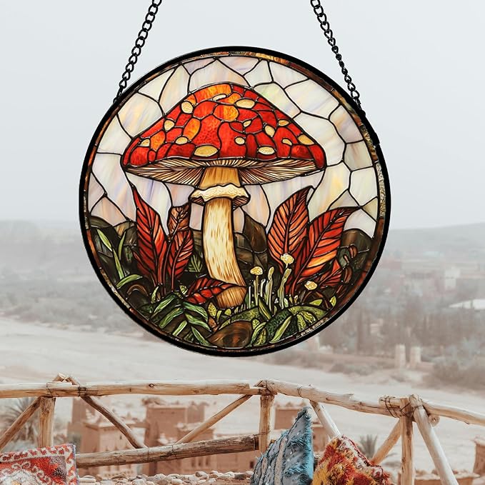 DASTOLL Stained Glass Window Hanging, Big Red Mushroom Suncatcher - Image 3