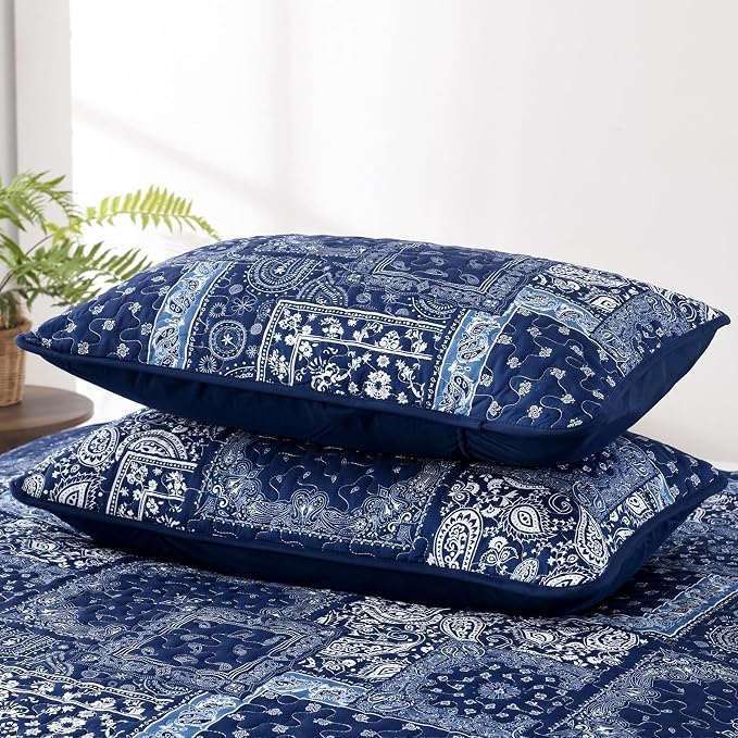 Cottolester Blue Patchwork Quilt Set Queen Size, Boho Navy Blue Quilt Set - Image 7