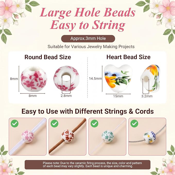 Ceramic Beads, Heart Beads, Round Porcelain Beads 8 mm Multicolor Flower - Image 4