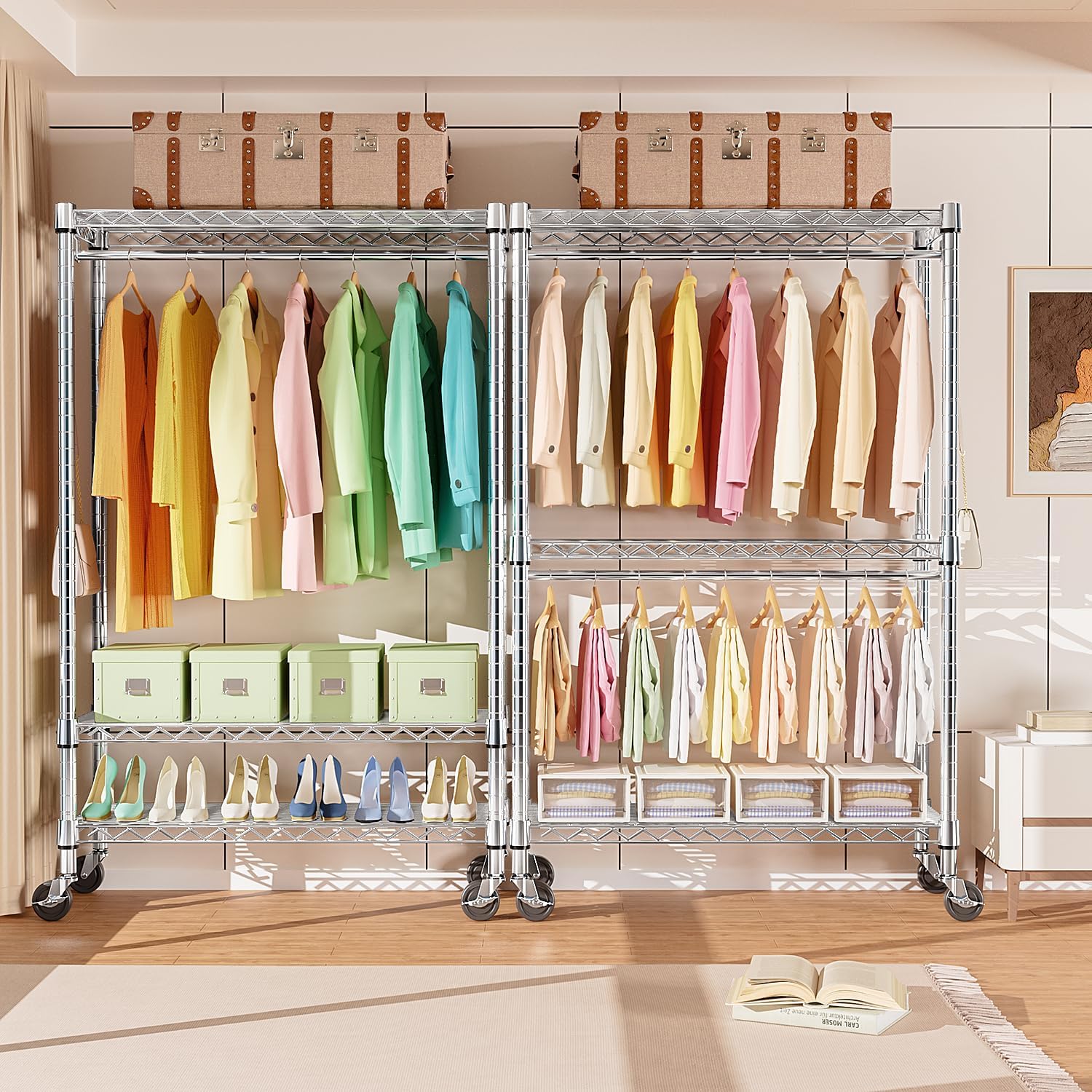 Heavy Duty Rolling Garment Rack 3 Tiers Adjustable Wire Shelving Clothes Rack with Rods and Side Hooks,Storage Closet Clothing Rack with Wheels Chrome 17.7" D x 47.2" W x 83.6" H