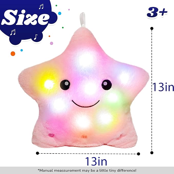 Cuteoy 13" Musical Pink Star Plush Pillow Glowing Twinkle Night Light Stuffed Animal LED Toys Adjustable Volume Birthday for Girls Boys