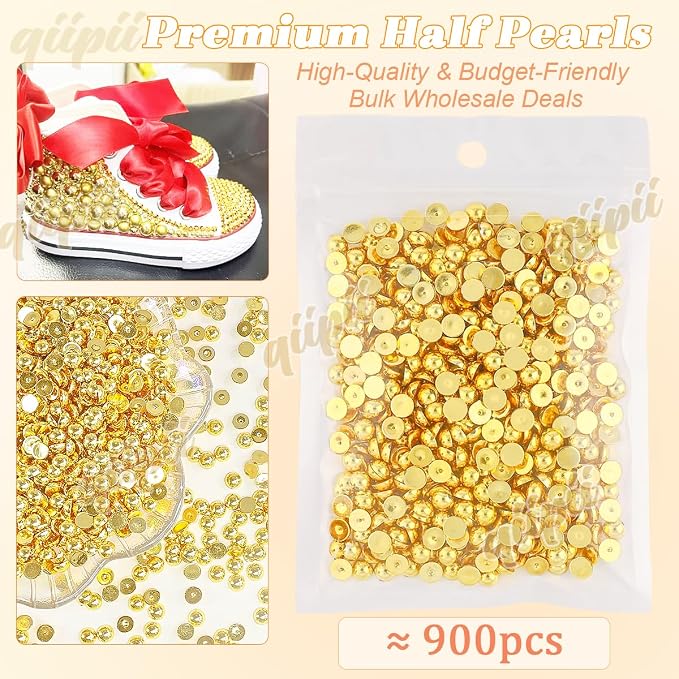 qiipii 900PCS 6mm Shiny Gold Round Half Round Pearls - Image 2
