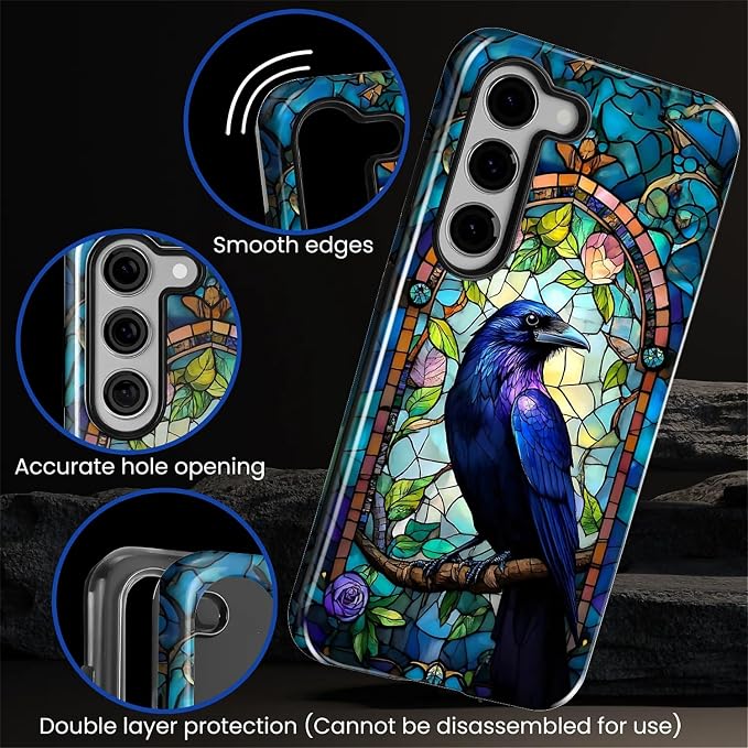for Samsung Galaxy S23 Plus Case, Crow Faux Stained Glass Pattern Glossy 2 in 1 - Image 5