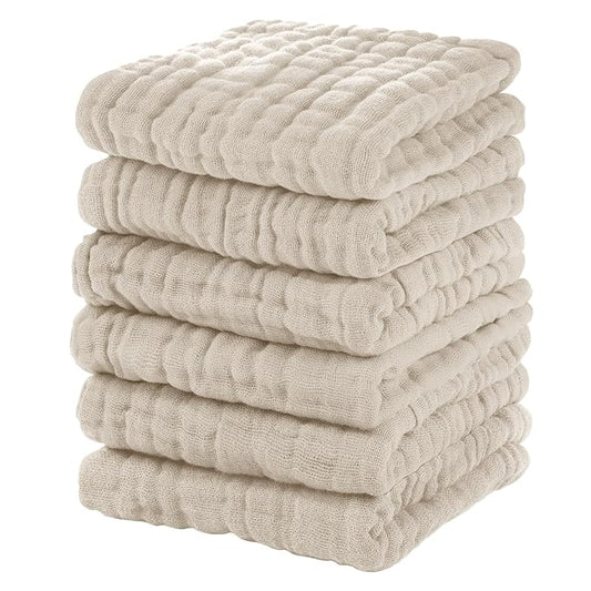 Muslin Baby Washcloths 6 Pack, 100% Cotton Wash Cloths for Babies, Large 12''X12'' Burp Cloths Absorbent and Soft for Newborn Infants Kids Boys Girls - Apricot