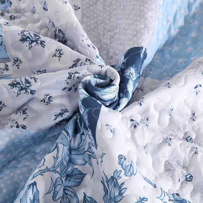 Anibedding Blue Patchwork Quilt Set King Size Boho Floral Plaid Bedspread - Image 8
