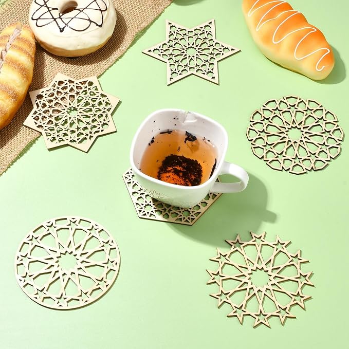 12 pcs 6 Styles Hollow Star Theme Wooden Drink Coasters Snowflake Hexagon - Image 6