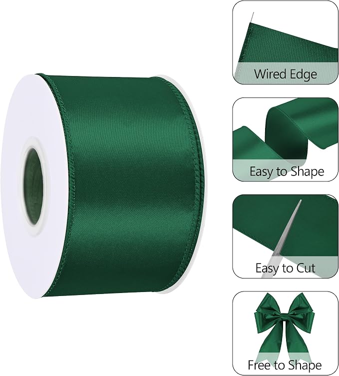 Forest Green 2.5 Inch Continuous 25 Yards Satin Wired Ribbon - Image 3